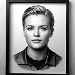 a black and white photo of a woman with short blonde hair