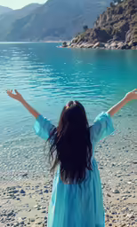 a woman in blue dress standing next to a lake