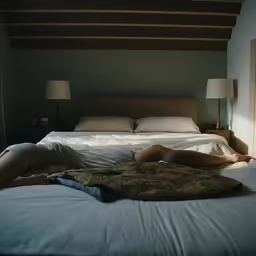 the naked woman is laying on a bed