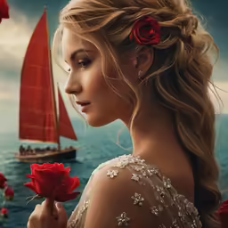 a beautiful blonde holding a red rose in her hand