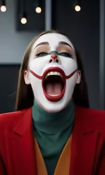a woman with clown makeup is screaming and wearing a suit