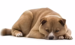 a brown dog with brown eyes and white nose laying down
