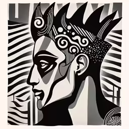 a black and white drawing of a man with an ornamental head piece