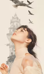woman looking up at birds in a surreal sky