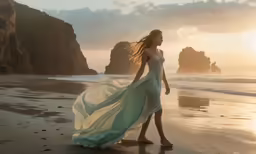 woman in blue dress on the beach during sunset
