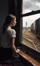 woman sitting in window with train going by