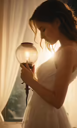 woman in dress holding an old fashioned lite up light bulb