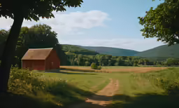 a barn and dirt path in the countryside