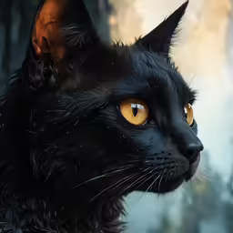 a close up image of a black cat with yellow eyes