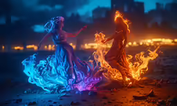 two colorfully lit fire dancers stand near a city