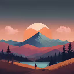 a person walking in front of the sun, a mountain landscape and trees,a painting of a sunset over mountains with a person on a bike walking