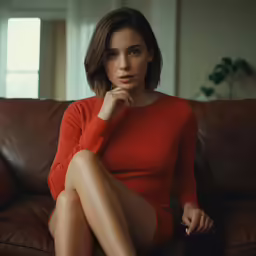 a woman sitting on top of a couch near a window