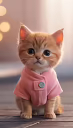 small orange kitten sitting down wearing pink clothes