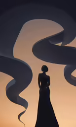 a woman standing in front of a swirly wall