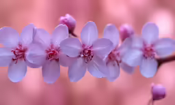 close up of flowers on tree branch with light pink background