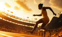 a woman wearing a yellow shirt running down a track