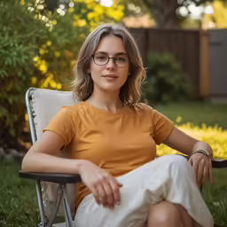 a woman wearing glasses sitting in a chair on a lawn