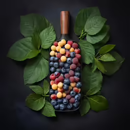 an arrangement of fruits placed into a fruit - filled bottle