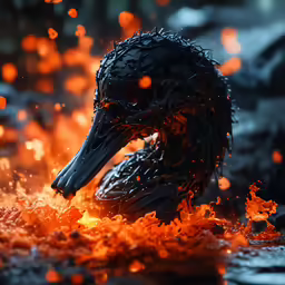 a dark black bird sitting on fire surrounded by orange and red flames
