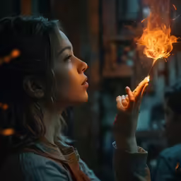 young woman holding lit match in her hand while staring away from camera