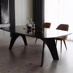 a black table is set up with chairs