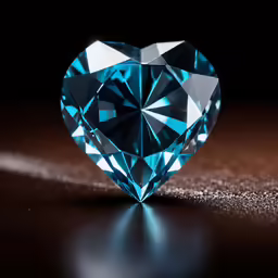 blue heart shaped diamond with sparkle on brown background