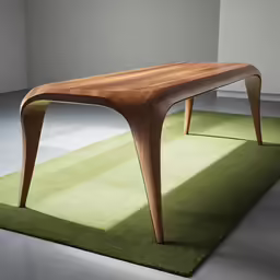 a green area rug underneath a wooden table
