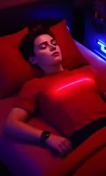 a woman lying on a bed with a red pillow