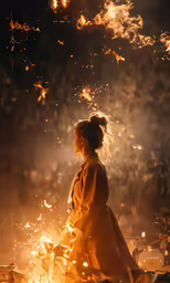 the girl is walking through the forest at night