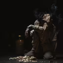 a person with their head in a smoke while sitting down