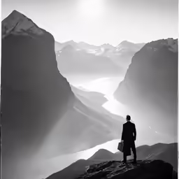 a man standing on top of a mountain next to mountains