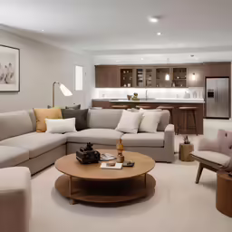 a large sectional sofa and coffee table in a room