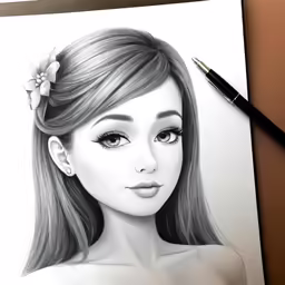 pencil drawing of a beautiful woman with flower in her hair
