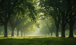 an empty park bench with fog and the sunlight streaming through trees