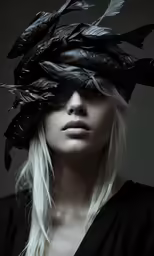 a woman with feather on her head wearing black clothes