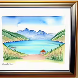 /tmp/FOOkbCMz9.jpg = painting of a lake, and a house in the foreground with mountains in the background
,/tmp/FOOkbCMz9.jpg = a painting on the wall with a building near the water
,/tmp/FOOkbCMz9.jpg = watercolor of mountain lake and house near a brown frame
,/tmp/FOOkbCMz9.jpg = a painting of mountains, a lake and the water
,/tmp/FOOkbCMz9.jpg = a painting on the wall of a house
,/tmp/FOOkbCMz9.jpg = painting - a beautiful view - framed canvas - art - nature and landscape
,/tmp/FOOkbCMz9.jpg = painting of a house by the blue lake
