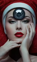 a woman with her eyes closed in front of red fabric