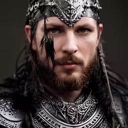 a male in a suit of armor with a beard and long hair