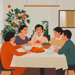 the people are talking at the table for breakfast