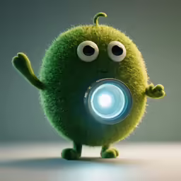a green cartoon character has a flashlight in his hand