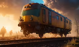 a yellow train coming down a track near some grass,two people walking on a train track at sunrise