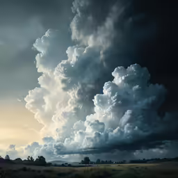 dark clouds are over some land with trees