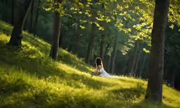 a woman kneeling down in the grass surrounded by trees