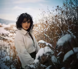 the woman is posing for a photograph in the snow