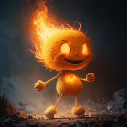 an orange furry creature has a large lit eyes and glowing eyes