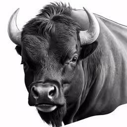 a black and white photo of a cow with horns