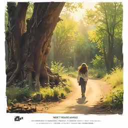 a woman walks down the road in a wooded area