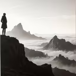 the person in the hat stands on the mountain top