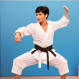 a young man performing a karate move in a studio