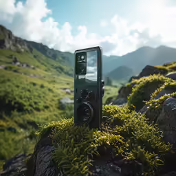 a camera in front of a mountain scene